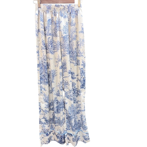 Cider Other - Cider‎ Blue White Toile De Jouy Pajama Pants Wide Leg Satin Lounge Small